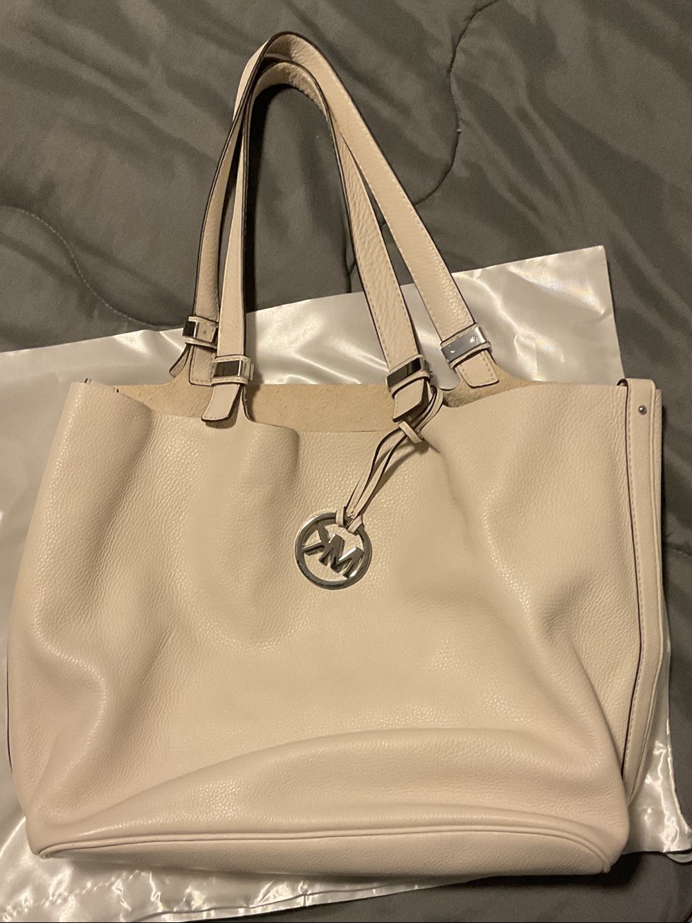 Michael Kors Ivory Pebbled Leather Tote with MK Charm